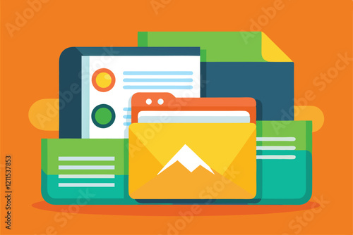 A vibrant arrangement of folders and documents organized in a cheerful workspace setting Image folder Customizable Flat Illustration