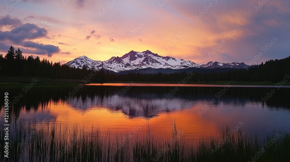 Serene lake reflections of snow-capped mountains glowing under a vivid sunset sky Serene lake reflections of snow-capped mountains glowing under a vivid sunset sky