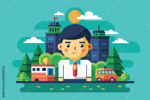 A young professional stands confidently in front of city buildings and vehicles under a bright sun Image post Customizable Semi Flat Illustration