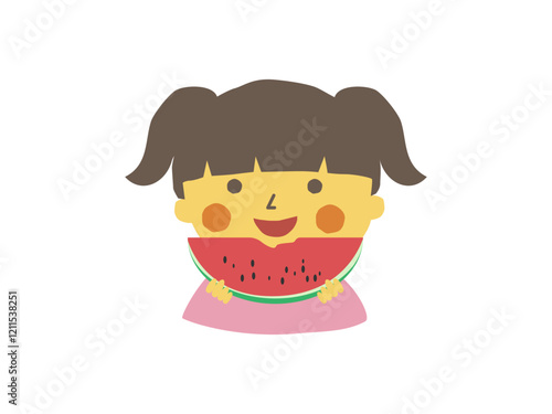 ハーフカットの赤いすいかを食べる女の子