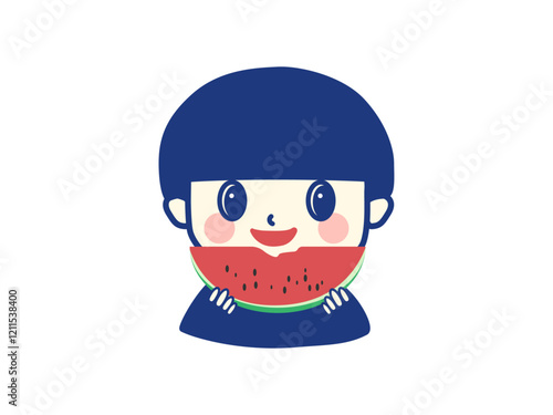ハーフカットの赤いすいかを食べる男の子