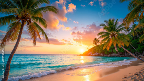 Tropical beach at sunset with palm trees, golden sand, turquoise ocean waves, beautiful sky, colorful clouds, and sun setting over horizon
