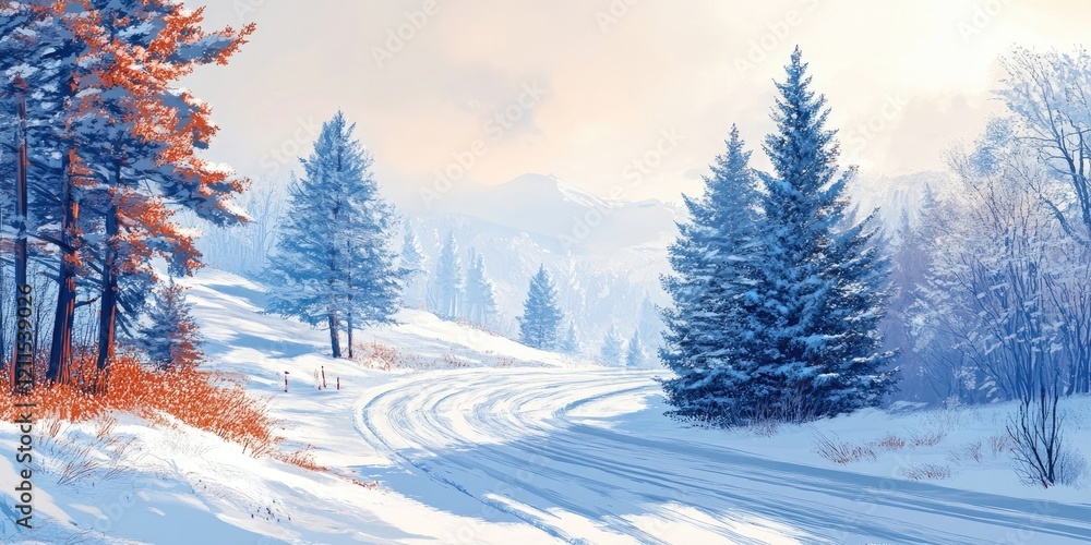 Naklejka premium Serene winter landscape featuring a winding snowy road surrounded by evergreen and bare trees in soft pastel colors under a hazy sky