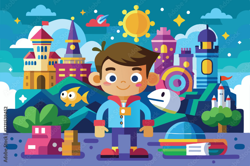 A cheerful boy explores a vibrant fantasy land with castles and friendly creatures around him Imagination Customizable Cartoon Illustration A cheerful boy explores a vibrant fantasy land with castles and friendly creatures around him Imagination Customizable Cartoon Illustration