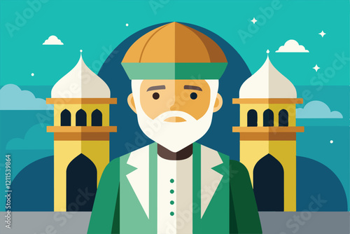 An imam stands confidently before beautifully designed towers on a vibrant day Imam Customizable Flat Illustration