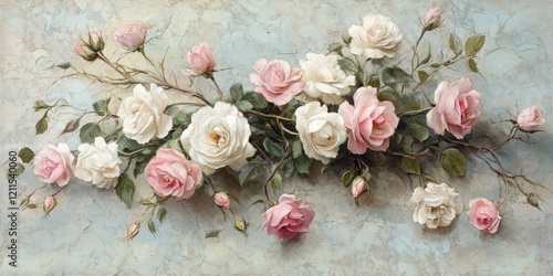Delicate arrangement of pink and white roses on a soft textured blue backdrop with green leaves cascading elegantly across the image