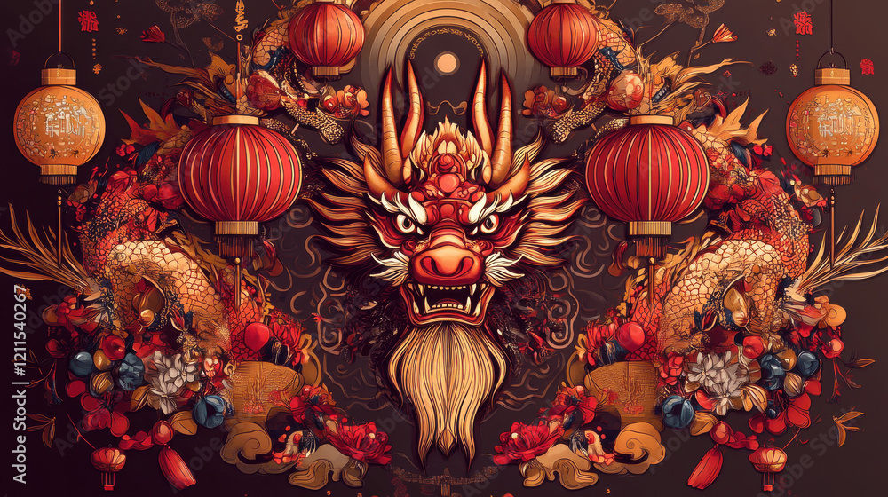 Naklejka premium Dynamic Chinese New Year poster with fierce dragon, lanterns, and firecrackers