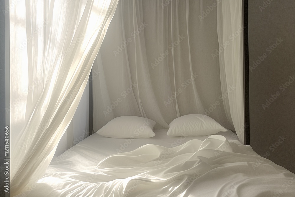 White bed with mosquito net around it