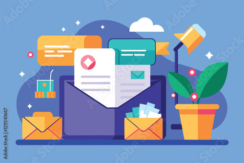 A digital workspace featuring an organized inbox with colorful emails and a green plant Inbox cleanup Customizable Flat Illustration