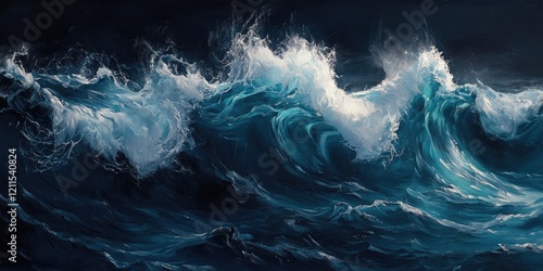Dramatic stormy sea waves in deep blue water with vibrant white foam highlighting intricate textures under a dark atmospheric sky