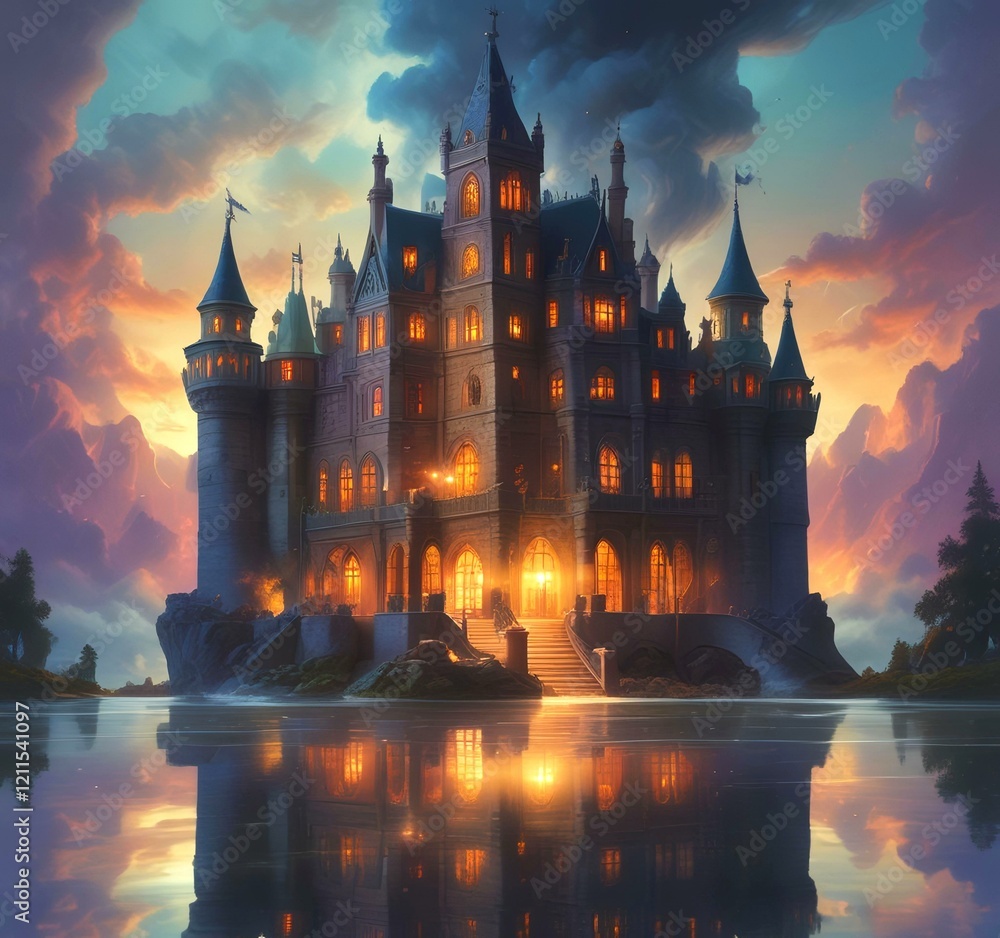 Fototapeta premium Illustration of glowing mystery tower castle in night.