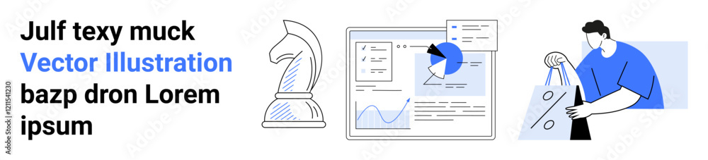 Knight chess piece, data analysis screen with statistics, person carrying shopping bags. Ideal for business strategy, data science, e-commerce, research, education, retail analysis technology Knight chess piece, data analysis screen with statistics, person carrying shopping bags. Ideal for business strategy, data science, e-commerce, research, education, retail analysis technology