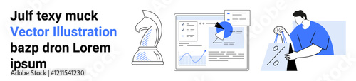 Wallpaper Mural Knight chess piece, data analysis screen with statistics, person carrying shopping bags. Ideal for business strategy, data science, e-commerce, research, education, retail analysis technology Torontodigital.ca