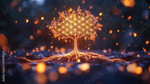 A radiant tree of life glowing with balanced energy, its roots and branches flowing into a serene cosmic field photo