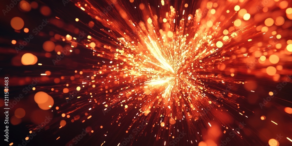 Obraz premium Vibrant orange and red fireworks explosion with dynamic spark trails on a dark background creating an abstract holiday theme copy space