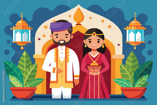 A couple dressed in traditional attire stands proudly, celebrating their union in a colorful wedding atmosphere Indian wedding Customizable Flat Illustration