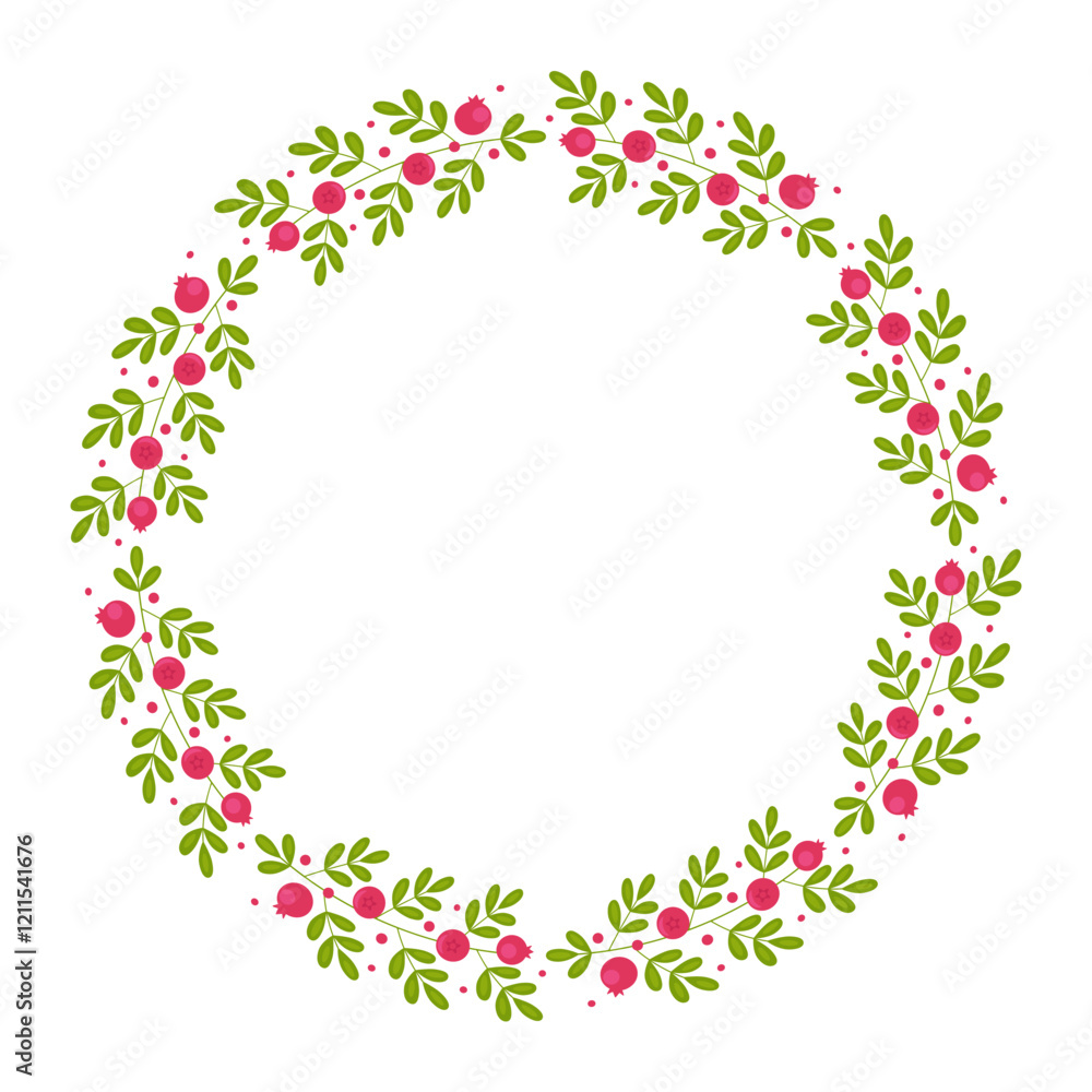 Cranberry circle frame isolated on a white background. Red berries and green leaves. Flat style. The center of the image is free for your inscription. Template for decor, design element. Cranberry circle frame isolated on a white background. Red berries and green leaves. Flat style. The center of the image is free for your inscription. Template for decor, design element.