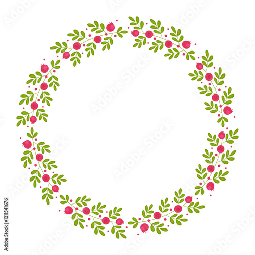 Cranberry circle frame isolated on a white background. Red berries and green leaves. Flat style. The center of the image is free for your inscription. Template for decor, design element.