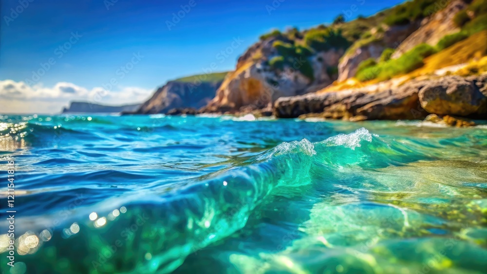 Fototapeta premium Tiny turquoise waves playfully crash on miniature rocky shores.