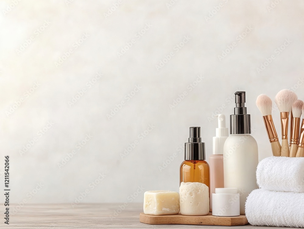 A serene arrangement of skincare products, towels, and brushes on a wooden surface, perfect for beauty and wellness themes. A serene arrangement of skincare products, towels, and brushes on a wooden surface, perfect for beauty and wellness themes.