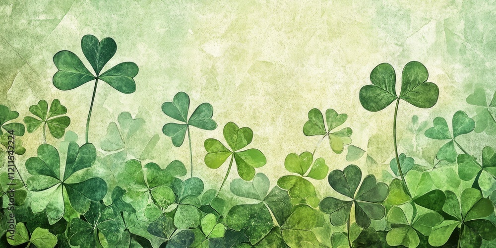 Fototapeta premium Mosaic shamrock leaves in varying shades of green scattered across a textured vintage paper background with soft yellow hints at the top.