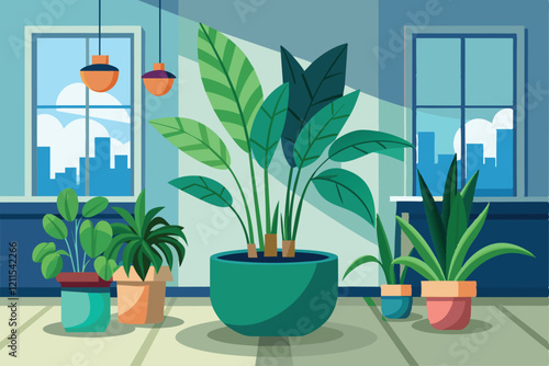Lush indoor plants in diverse pots brighten the room with natural beauty and charm Indoor plants Customizable Disproportionate Illustration