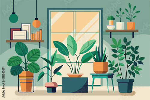 A cozy living room showcases a variety of indoor plants arranged by the window Indoor plants Customizable Semi Flat Illustration