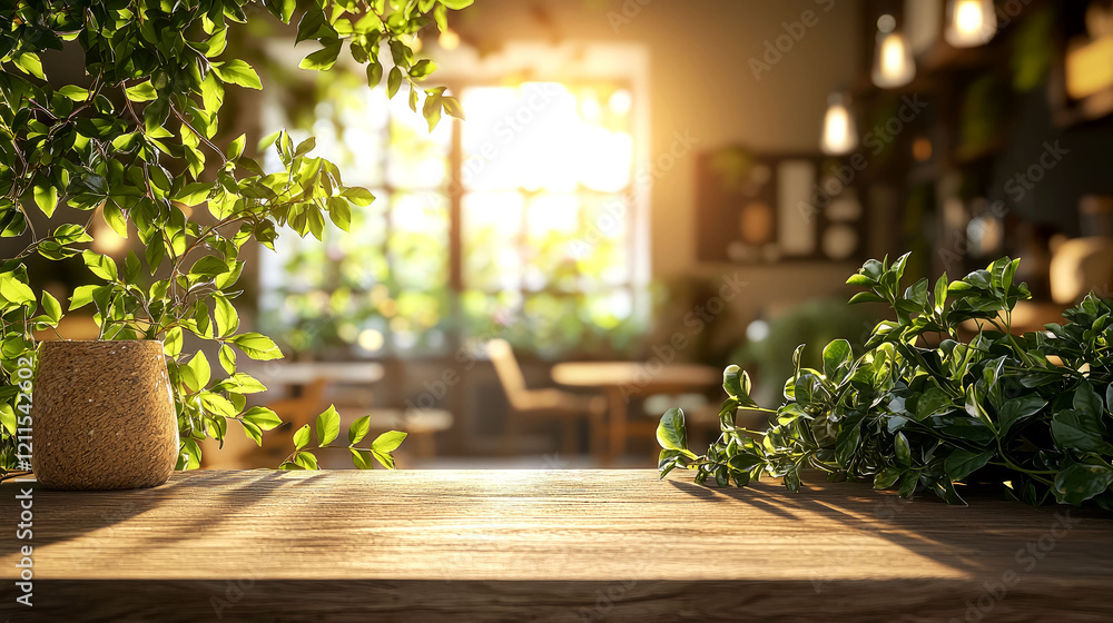 Sunlight Illuminates a Cozy Cafe: Wooden Table, Lush Greenery, and a Peaceful Atmosphere Sunlight Illuminates a Cozy Cafe: Wooden Table, Lush Greenery, and a Peaceful Atmosphere