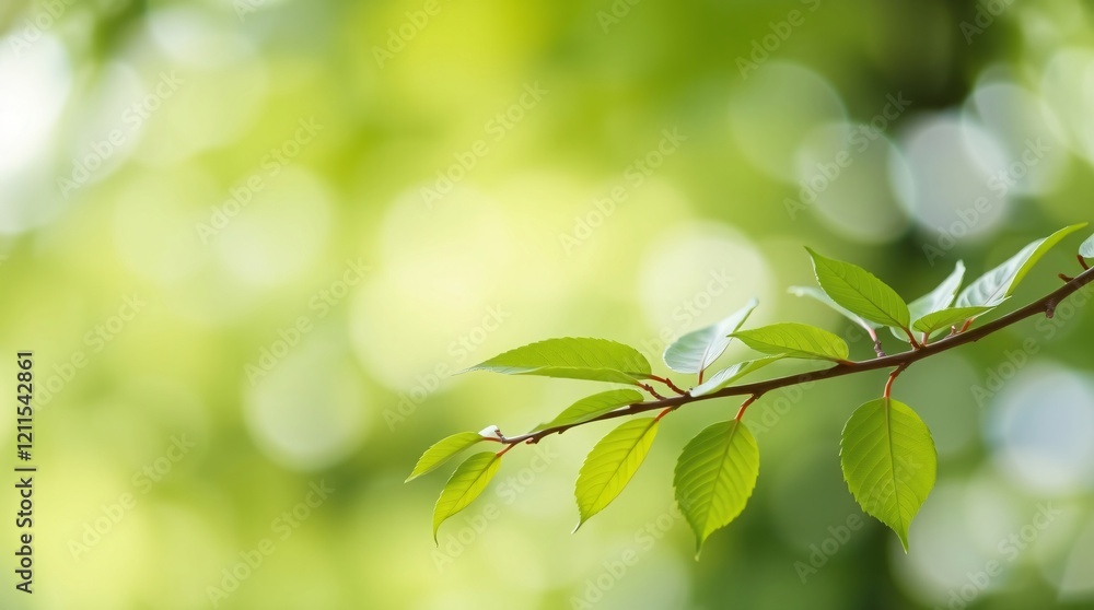 Fresh green leaves on a branch, bokeh light, spring nature background. Fresh green leaves on a branch, bokeh light, spring nature background.