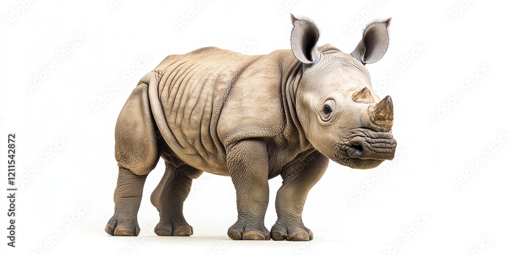 Fototapeta premium Young Square-lipped rhinoceros standing confidently with large ears and fine skin wrinkles against a clean white background.