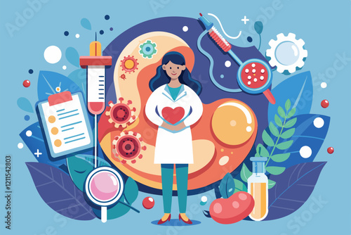 A healthcare professional holds a heart symbol amidst tools related to infertility diagnosis Infertility diagnosis Customizable Semi Flat Illustration