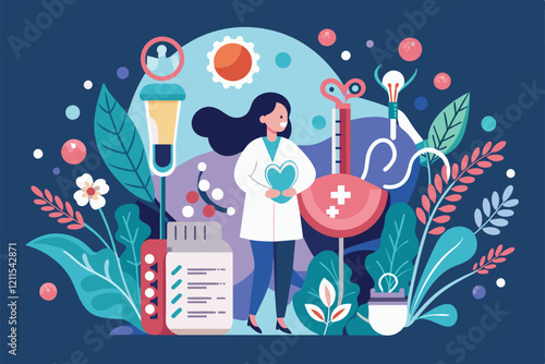 A healthcare professional stands amidst fertility tools and elements, symbolizing infertility diagnosis and support Infertility diagnosis Customizable Semi Flat Illustration