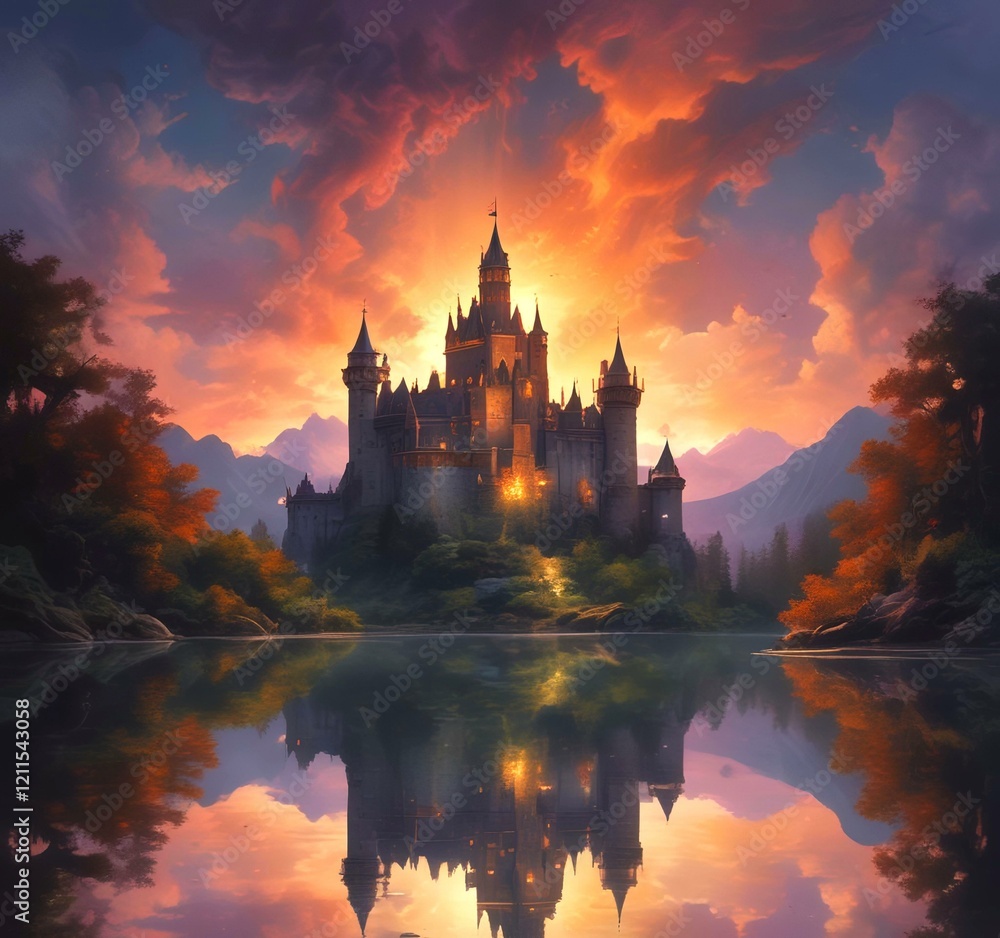Obraz premium Illustration of glowing mystery tower castle in night.