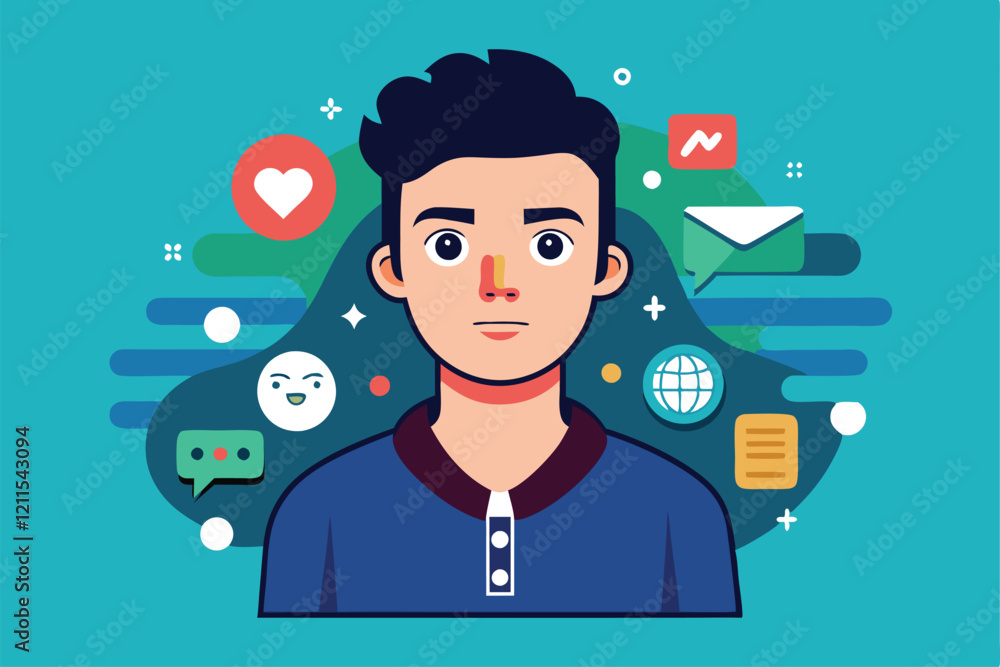 A young influencer appears with digital icons representing social media around them Influencer Customizable Flat Illustration A young influencer appears with digital icons representing social media around them Influencer Customizable Flat Illustration