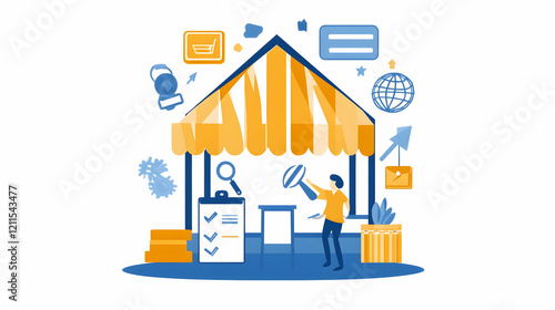 Online Shop Owner Showing Product, Small Business Growth, E-commerce Marketing,  Busy Background, for Website or Presentation