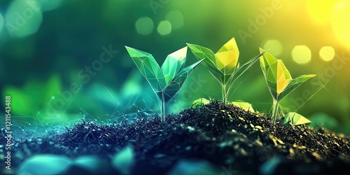 Wallpaper Mural Low polygon design of young plant sprouts in vibrant green and yellow against a soft focus background with dark soil representing agricultural technology Torontodigital.ca