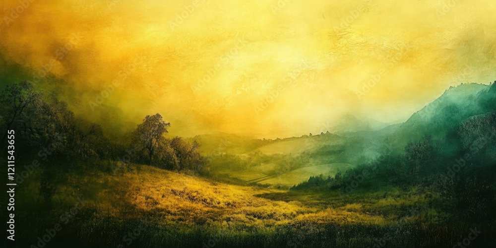 Naklejka premium Serene landscape with soft yellow and green gradients, lush rolling hills, silhouettes of trees on the left, and a hazy sky in the background.