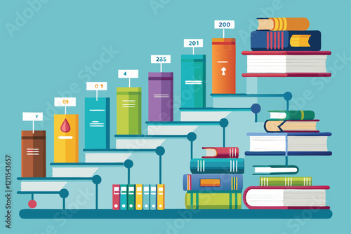 An infographic illustrates the history and development of books in a colorful timeline format Infographics with timeline for books, From lowest to highest,