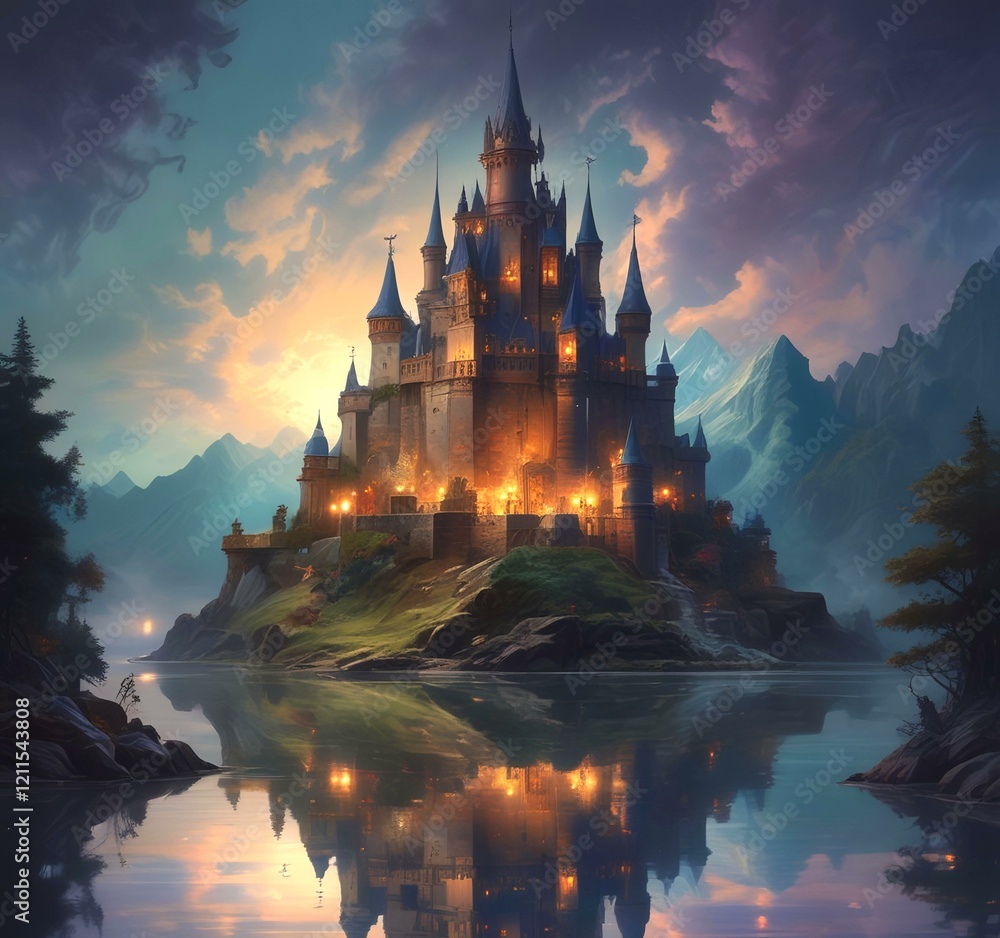 Illustration of glowing mystery tower castle in night.