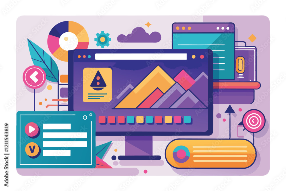 A vibrant illustration depicting a digital workspace with customizable tabs and graphic design elements Information tab Customizable Disproportionate Illustration A vibrant illustration depicting a digital workspace with customizable tabs and graphic design elements Information tab Customizable Disproportionate Illustration
