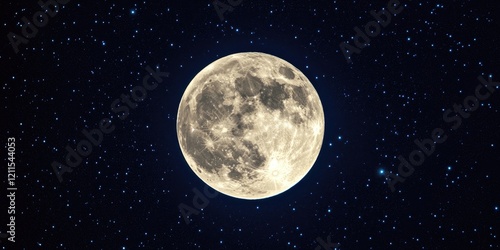 Full moon glowing brightly in a dark night sky, surrounded by scattered twinkling stars, capturing the essence of astronomy and celestial beauty. photo