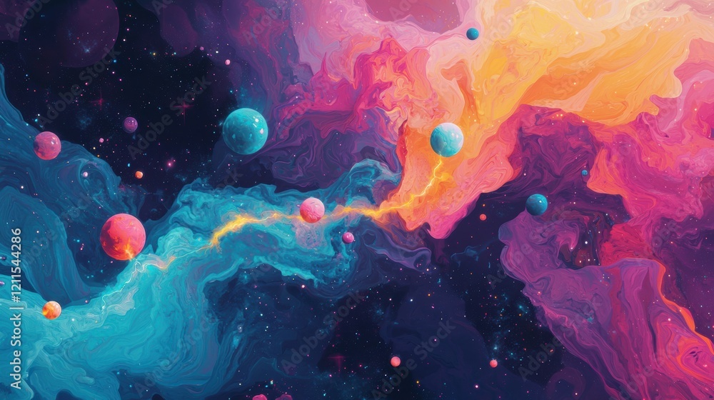 Fototapeta premium Cosmic Abstract Vibrant Nebula and Planets