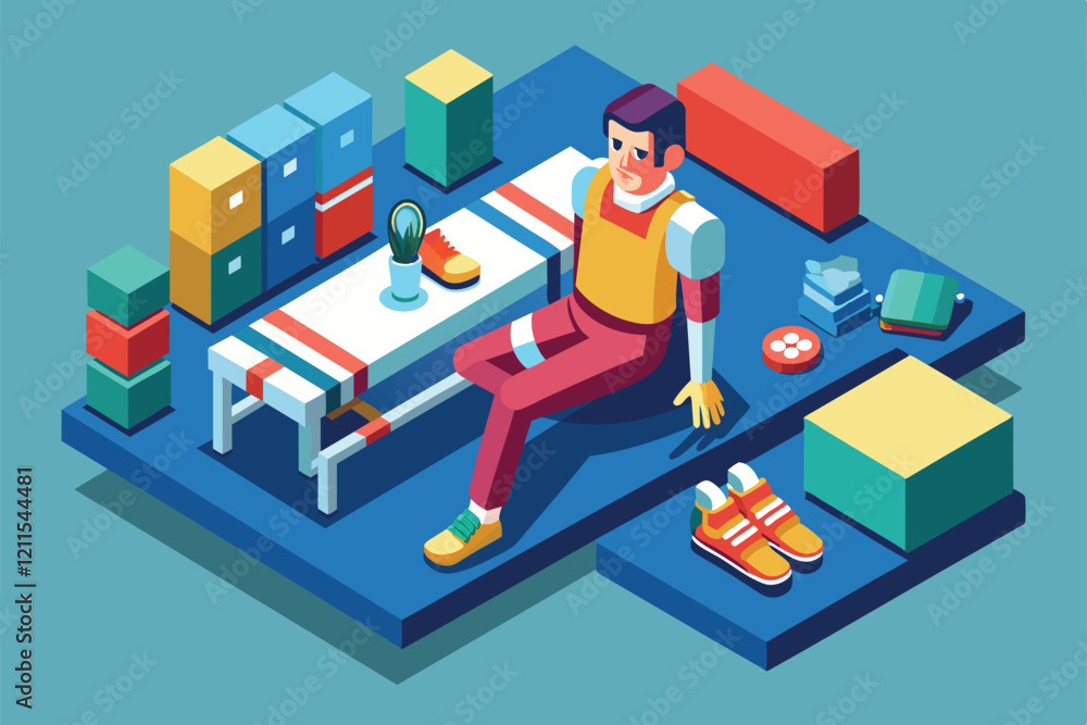 A person with an injury sits on a table surrounded by colorful boxes and sneakers, enjoying a relaxed moment Injury Customizable Isometric Illustration A person with an injury sits on a table surrounded by colorful boxes and sneakers, enjoying a relaxed moment Injury Customizable Isometric Illustration