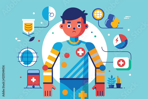 A character with exaggerated injuries is surrounded by various medical symbols and items in vibrant colors Injury Customizable Disproportionate Illustration