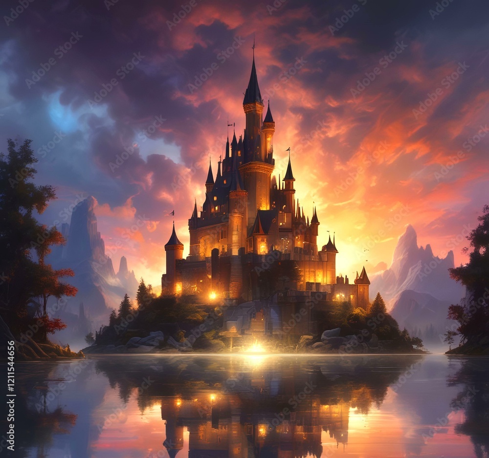 Naklejka premium Illustration of glowing mystery tower castle in night.