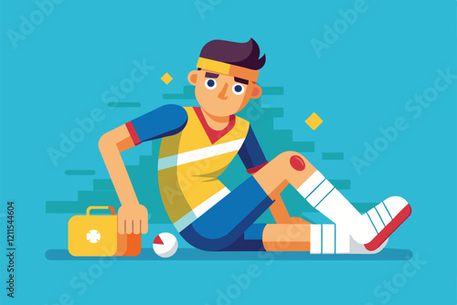 A boy sits on the ground with a knee injury, while a first aid kit rests nearby Injury Customizable Semi Flat Illustration