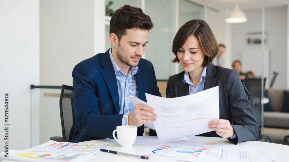 Two business professionals discussing financial charts and graphs in modern office, analyzing data, working on project, teamwork, collaboration, planning Two business professionals discussing financial charts and graphs in modern office, analyzing data, working on project, teamwork, collaboration, planning