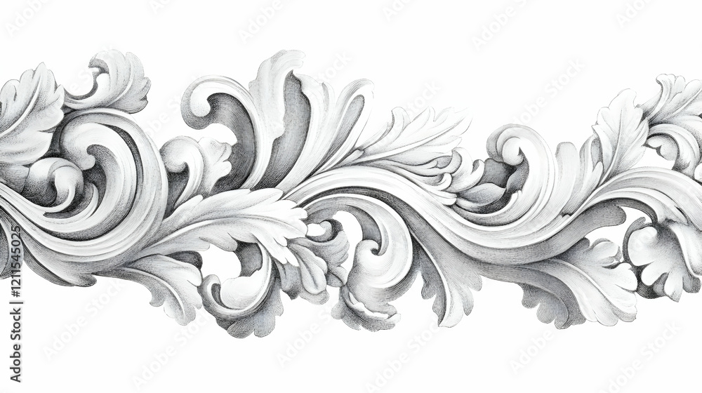 Fototapeta premium Ornate white plaster scrollwork design element, isolated on white background, ideal for interior design and architectural projects
