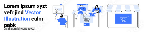 Online shopping concepts featuring people searching and purchasing products, shopping cart icon, storefront. Ideal for e-commerce platforms, online retail, user experience design, marketing