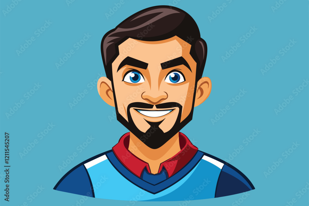 A smiling young man with a neat beard, showcasing a friendly expression against a blue background In no time Customizable Cartoon Illustration A smiling young man with a neat beard, showcasing a friendly expression against a blue background In no time Customizable Cartoon Illustration